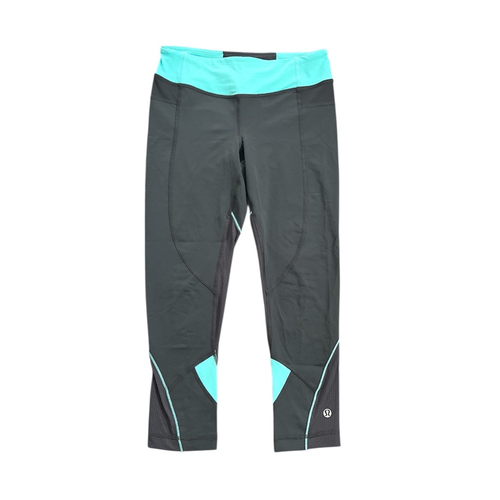 Lululemon 20” Run Empower Dark Gray & Teal Athletic Cropped Leggings Size 4